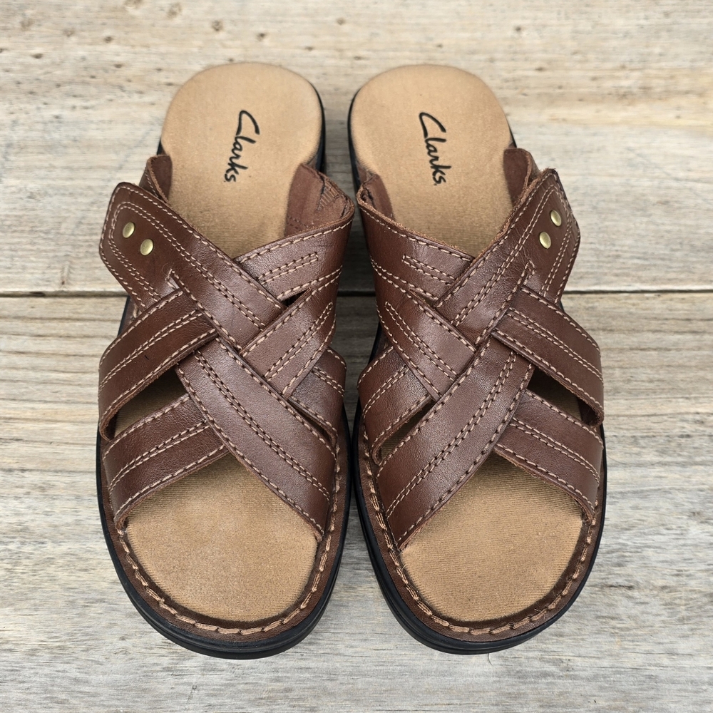 Clarks Brown Leather Slide Sandals